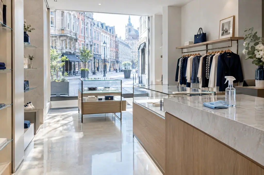 A boutique in Liège ready to open, display cases and floor spotless