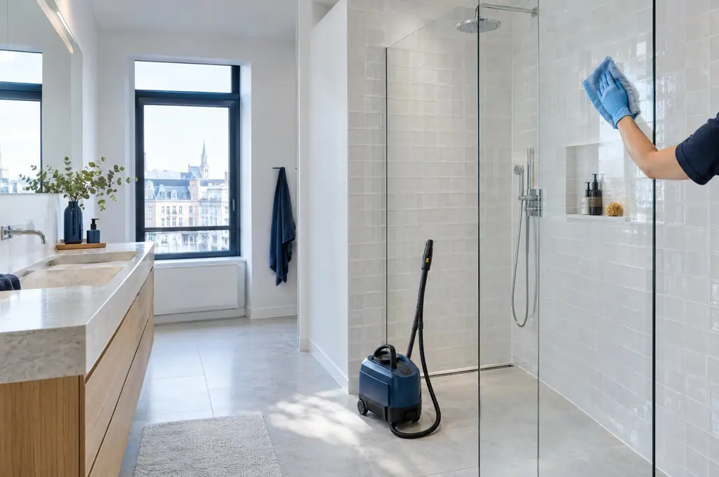 Une salle de bains en zellige blanc : joints nets, paroi de douche essuyée à la microfibre