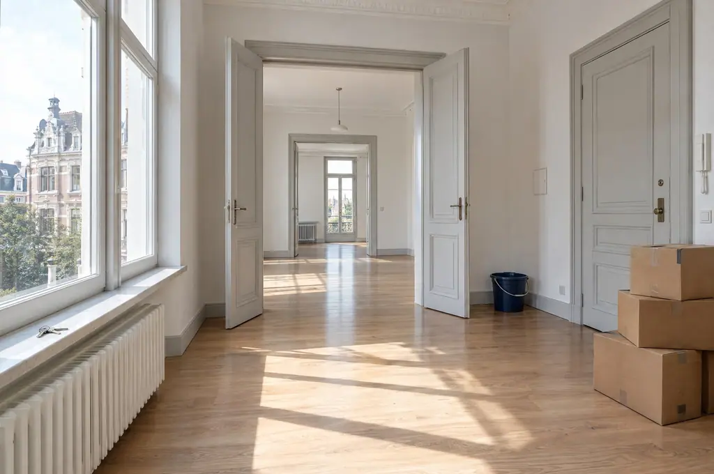 Un appartement vide de Schaerbeek après le déménagement, parquet propre et pièces en enfilade