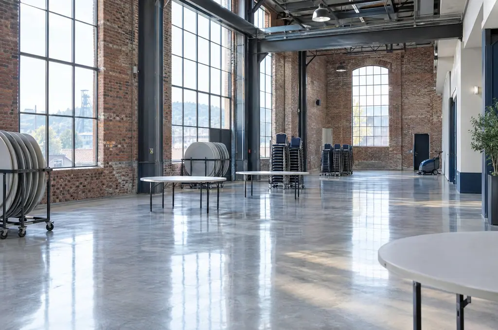 Une salle d’événements dans un ancien bâtiment industriel de Charleroi, chaises rangées et sol lavé