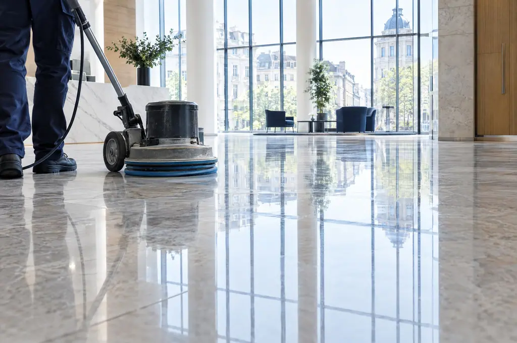 Un hall en pierre naturelle poli à la monobrosse, le sol reflète les fenêtres