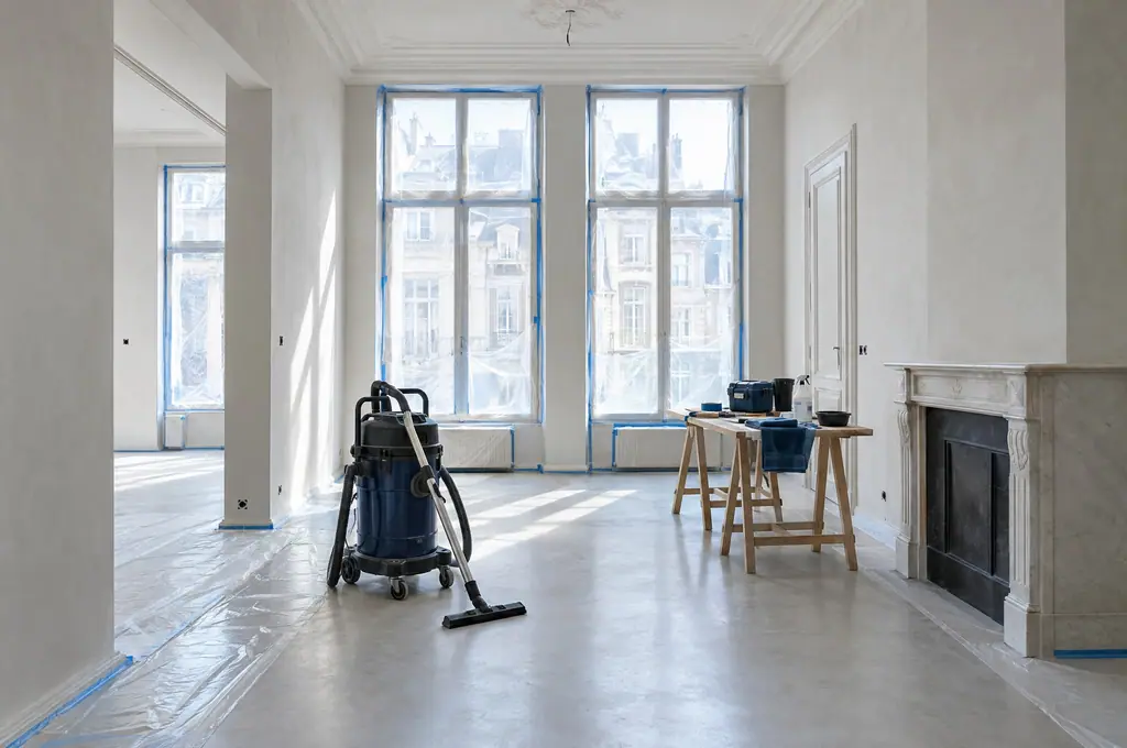 Une maison bruxelloise en rénovation : chape balayée, film de protection, aspirateur HEPA