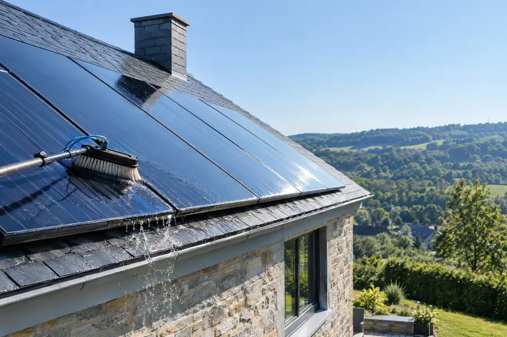 Des panneaux solaires sur un toit d’ardoise en Ardenne, rincés à l’eau pure