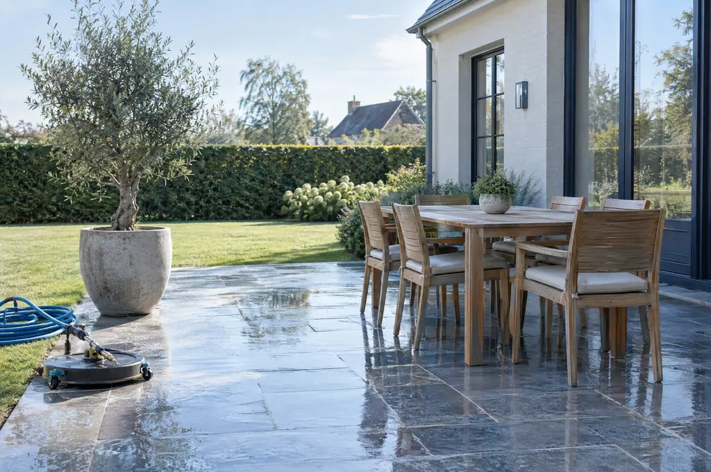 Une terrasse en pierre bleue nettoyée dans le Brabant wallon, encore humide au soleil