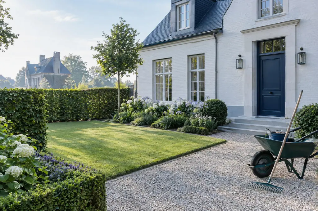 Le jardin d’une villa à Waterloo : haie taillée, pelouse tondue, allée ratissée