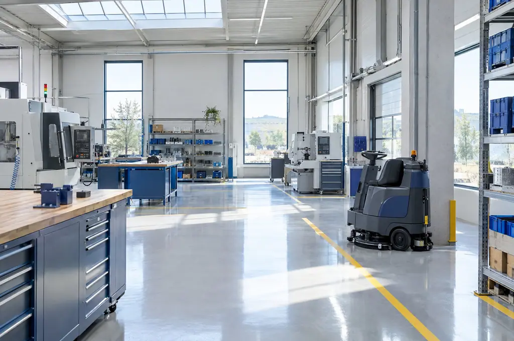Un atelier près de Mons au sol époxy impeccable, autolaveuse autoportée