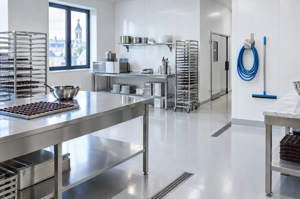 L’atelier inox d’un chocolatier wallon, propre et désinfecté