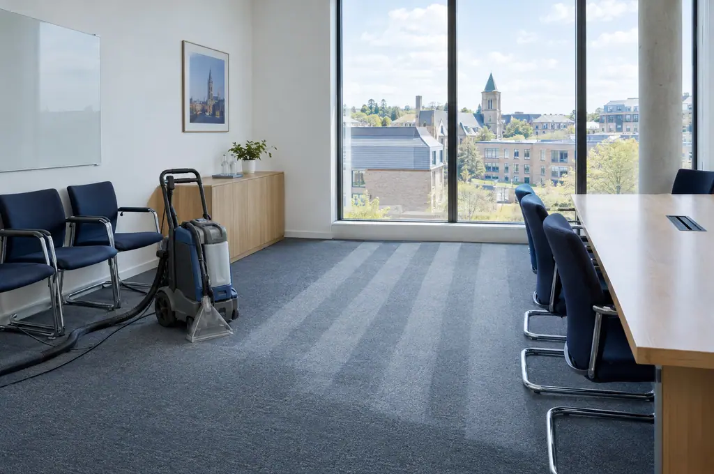 Une salle de réunion à Louvain-la-Neuve, moquette à moitié nettoyée par injection-extraction
