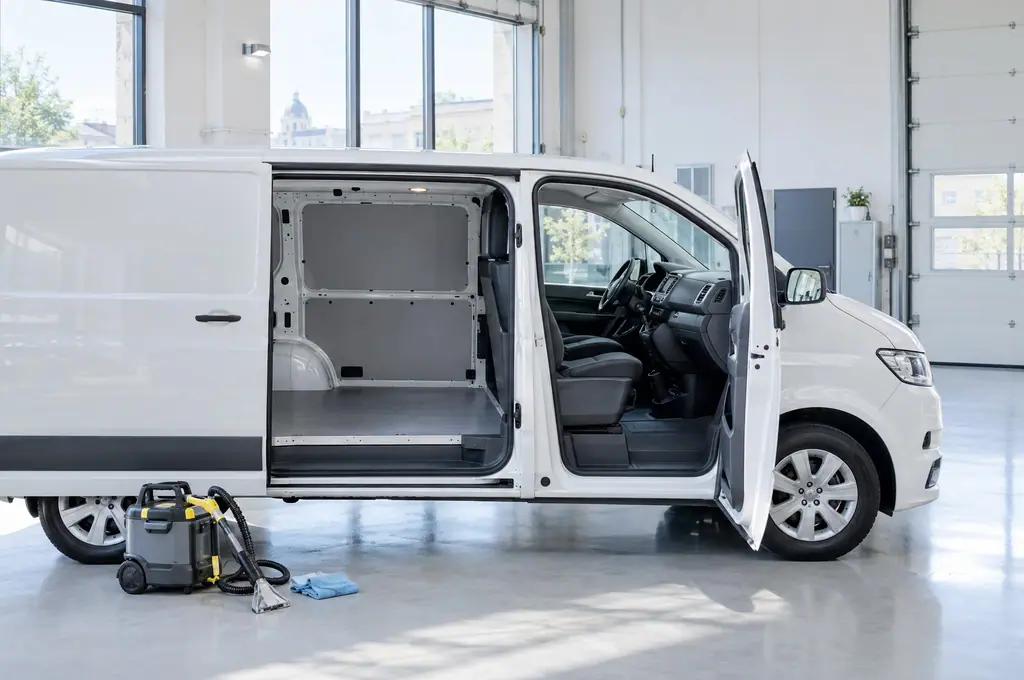 Une camionnette blanche à l’habitacle et la zone de chargement nettoyés
