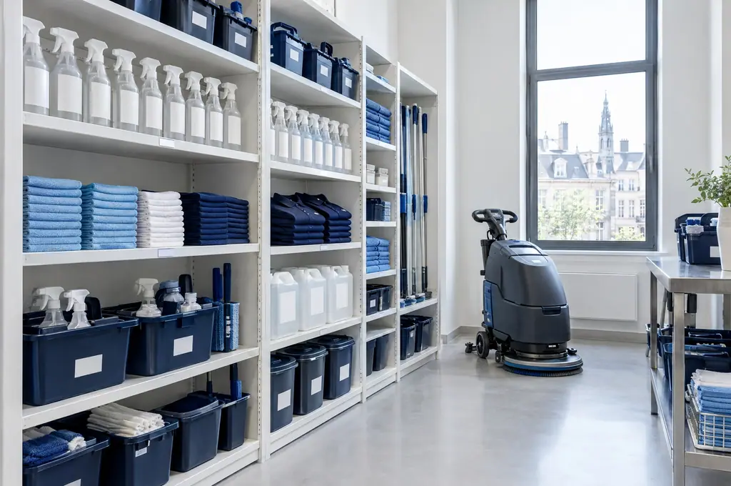 La réserve de matériel Opti2clean : étagères blanches bien rangées, caisses marine, flacons et microfibres classés par couleur