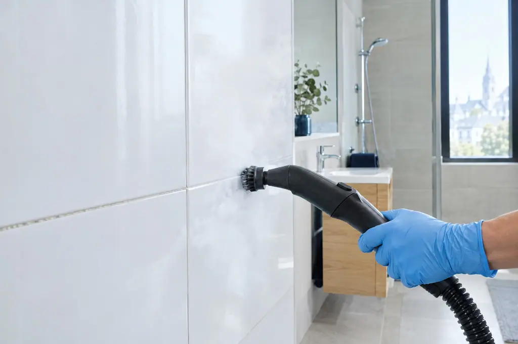 Les joints d’un carrelage mural nettoyés à la vapeur sèche, main gantée de bleu