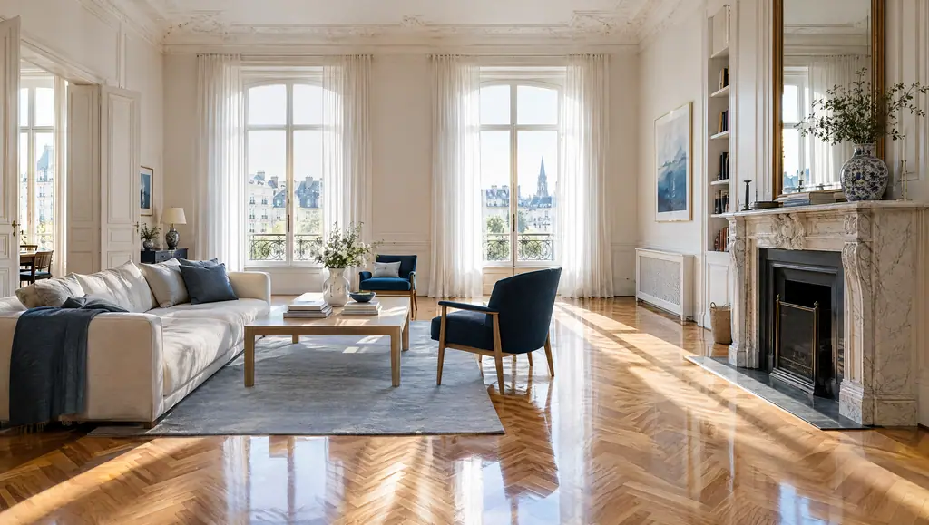 De lichte woonkamer van een Brussels herenhuis: parket in Hongaarse punt dat glanst in de zon, lichte vitrages en een marmeren schouw