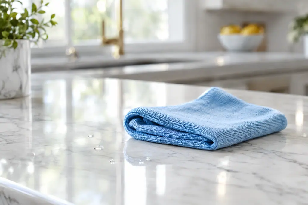 Een opgevouwen blauwe microvezeldoek op een smetteloos marmeren werkblad