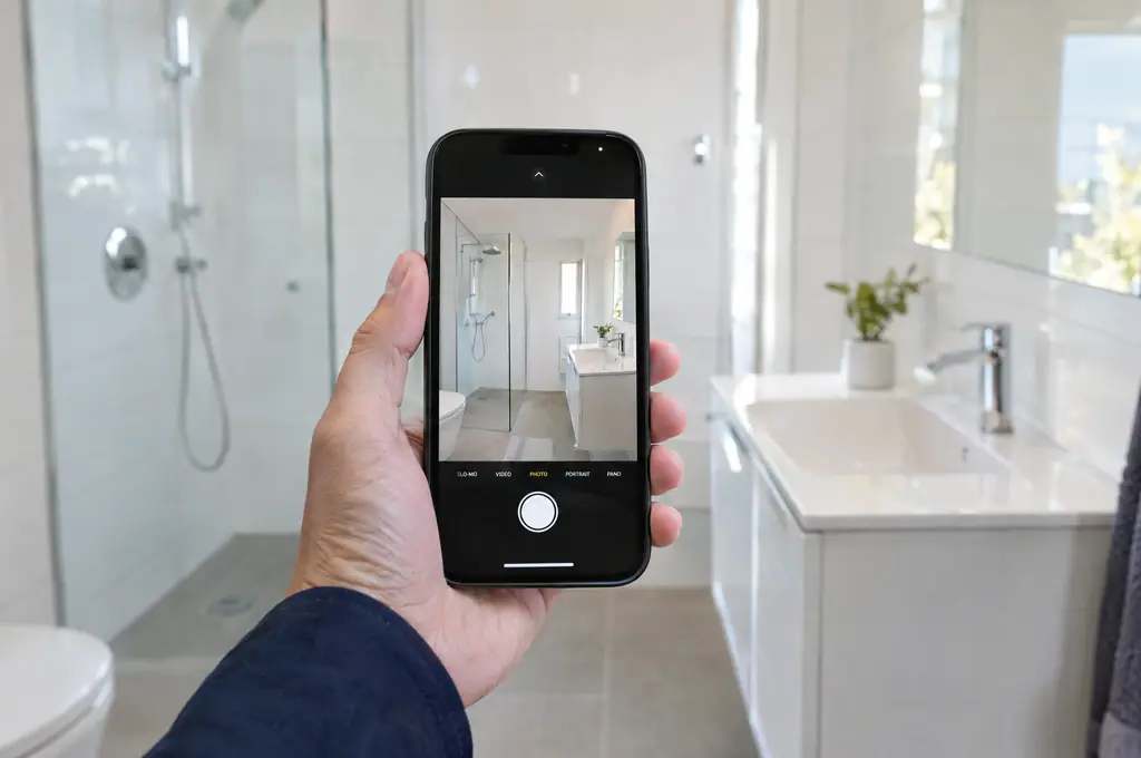 Een schone badkamer gefotografeerd met een smartphone, zoals voor een fotoverslag