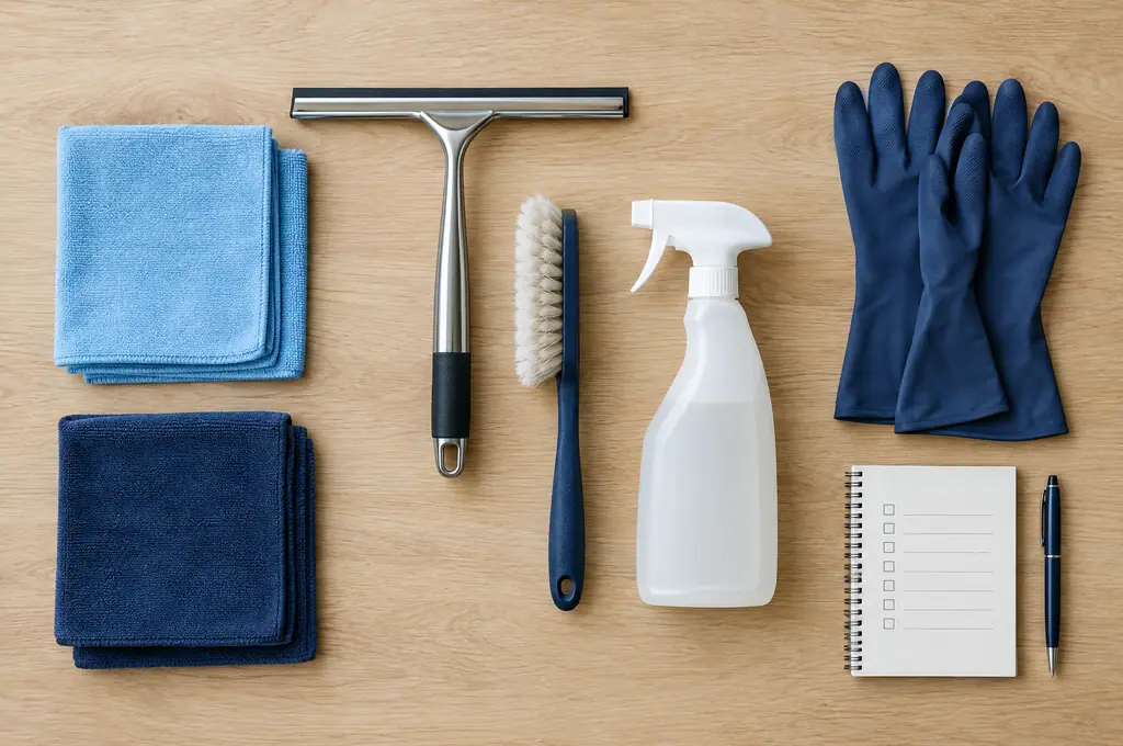 Het materiaal netjes geordend op een tafel: microvezeldoeken, trekker, borstel, sproeiflacon, handschoenen en checklist